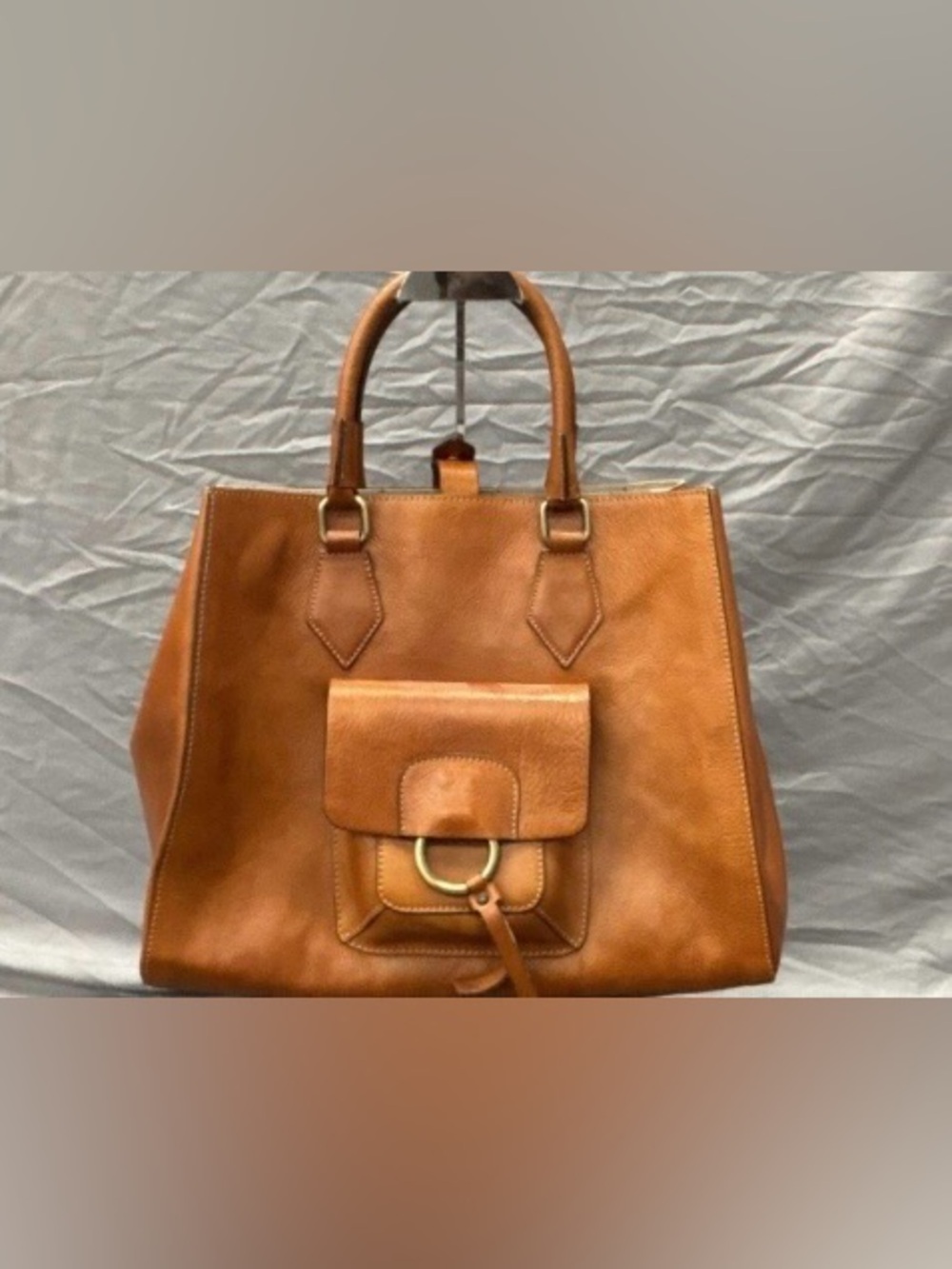 Like new Italian Leather Tote with Front Pocket in Cognac with copper hardware